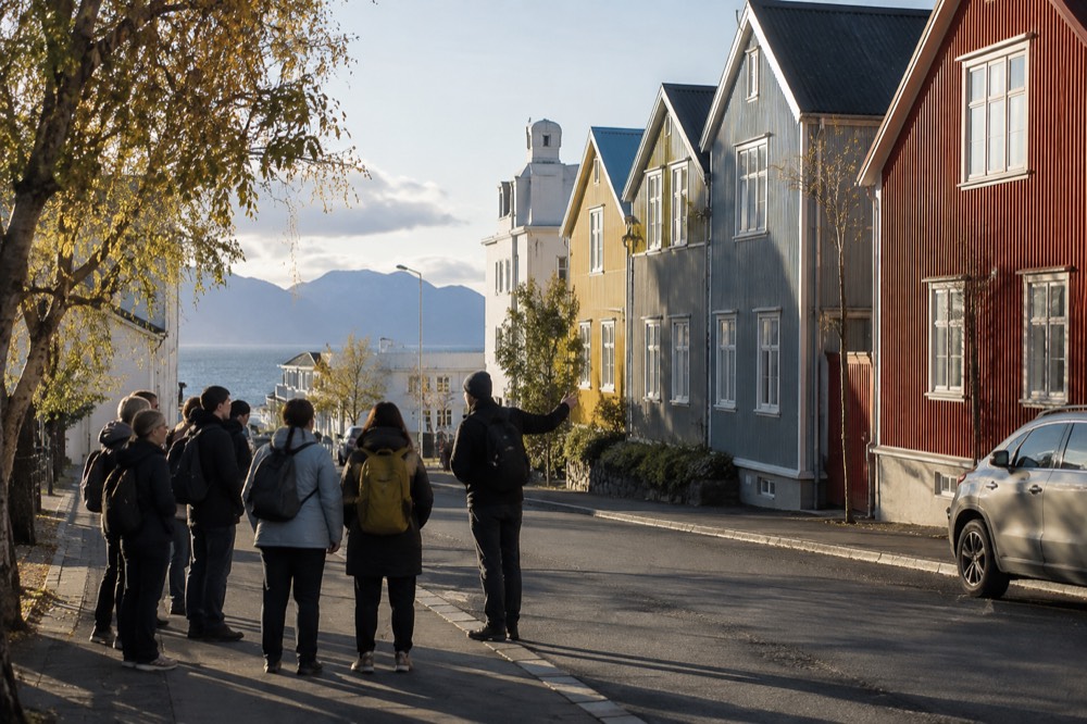A guide speaking to a small group beside colourful timber houses on a city street