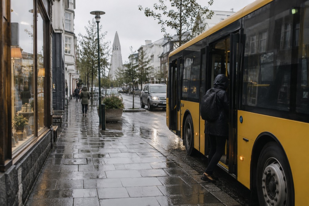 A city bus at a stop beside a Reykjavik street