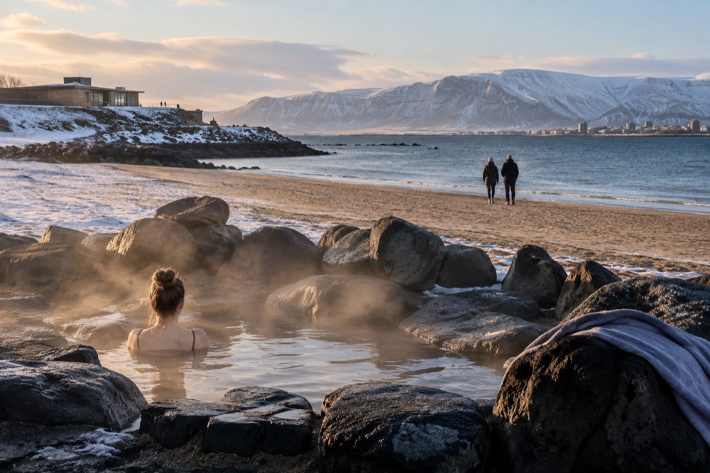A small foot bath built of natural stone, filled with warm, steaming water, set into the ground by the sea with a view of snowy mountains across the water, no people.