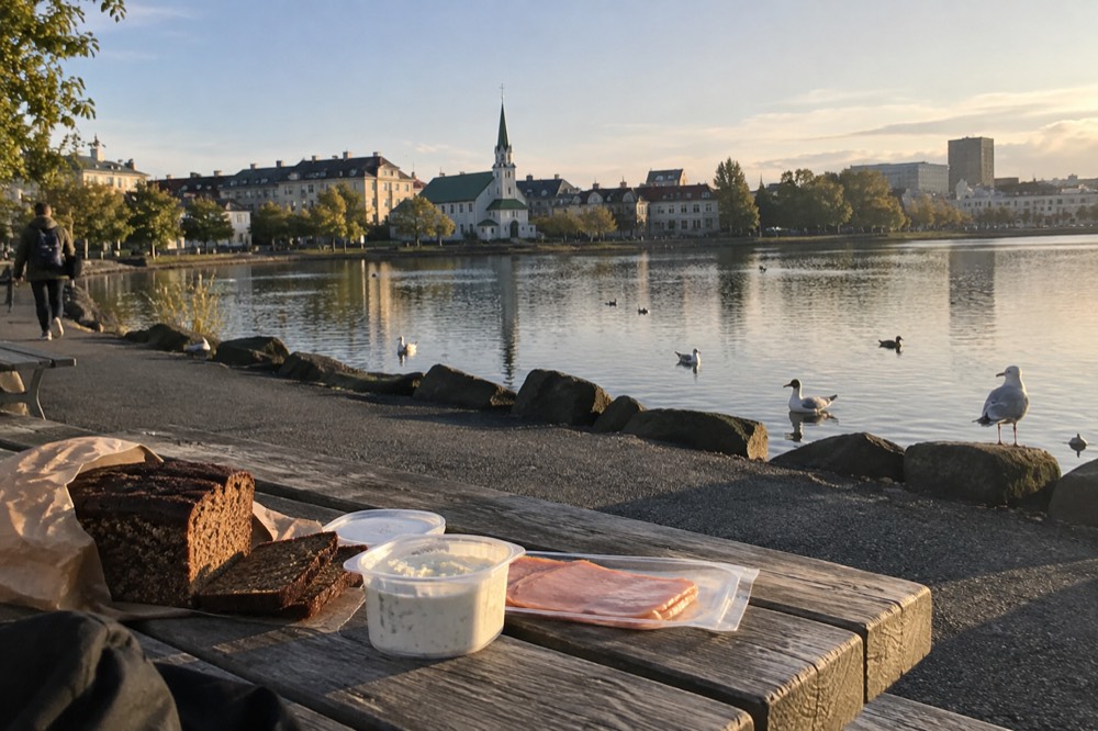 A picnic spread of bread, skyr and deli items on a bench beside the Tjornin pond