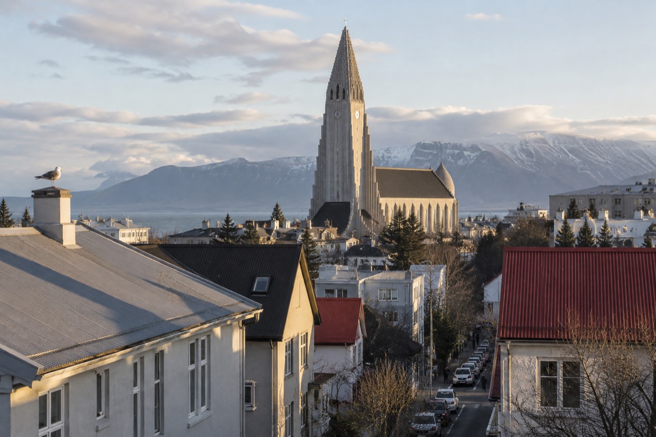 View across Reykjavik rooftops toward the Hallgrimskirkja tower on a bright morning