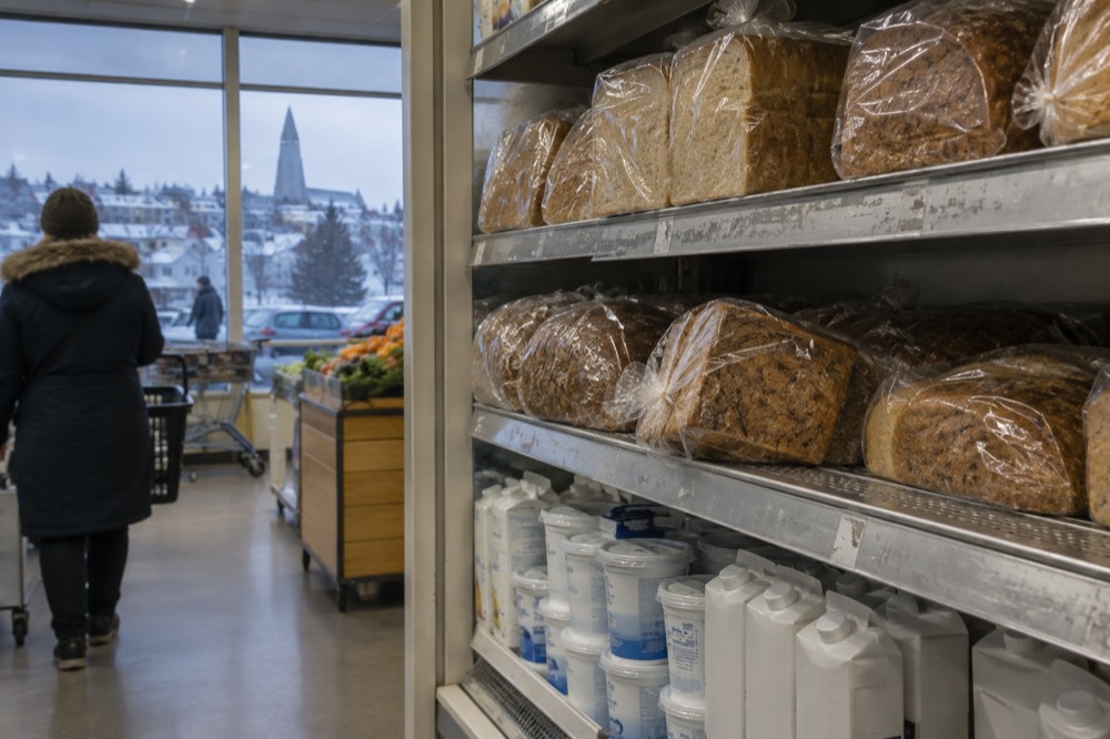 A supermarket shelf with bread and dairy products in an Icelandic grocery store