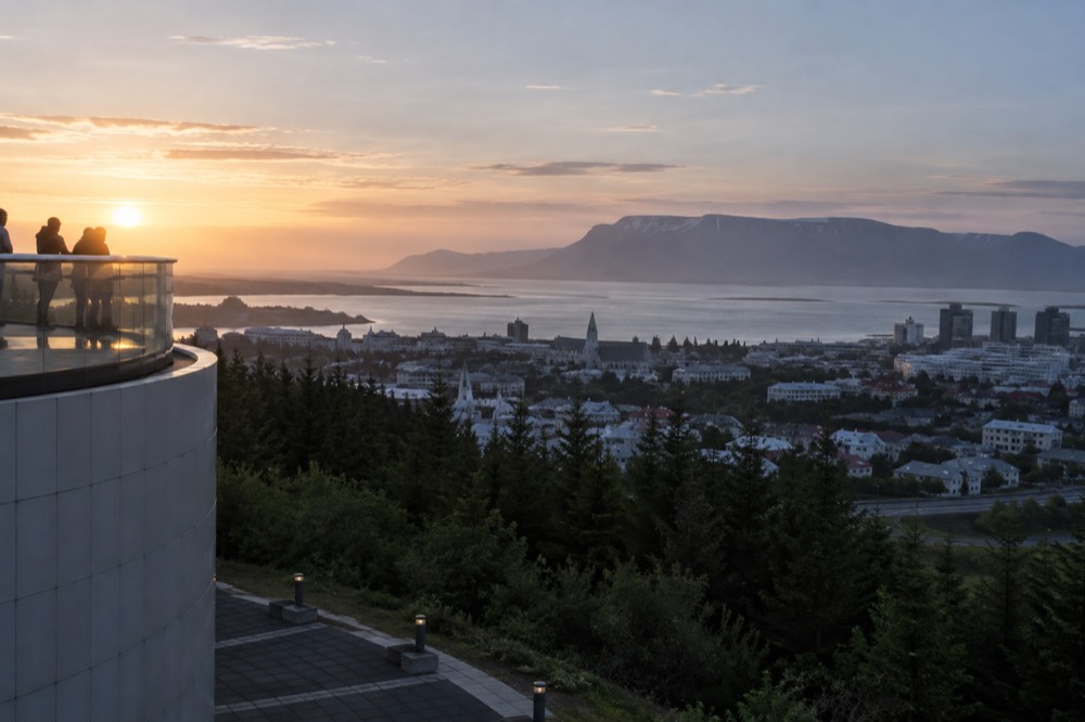 A view over Reykjavik rooftops toward the sea with mountains on the horizon