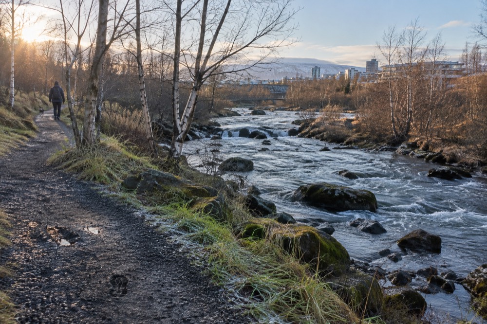 A river running through a green valley with gravel walking paths along the bank