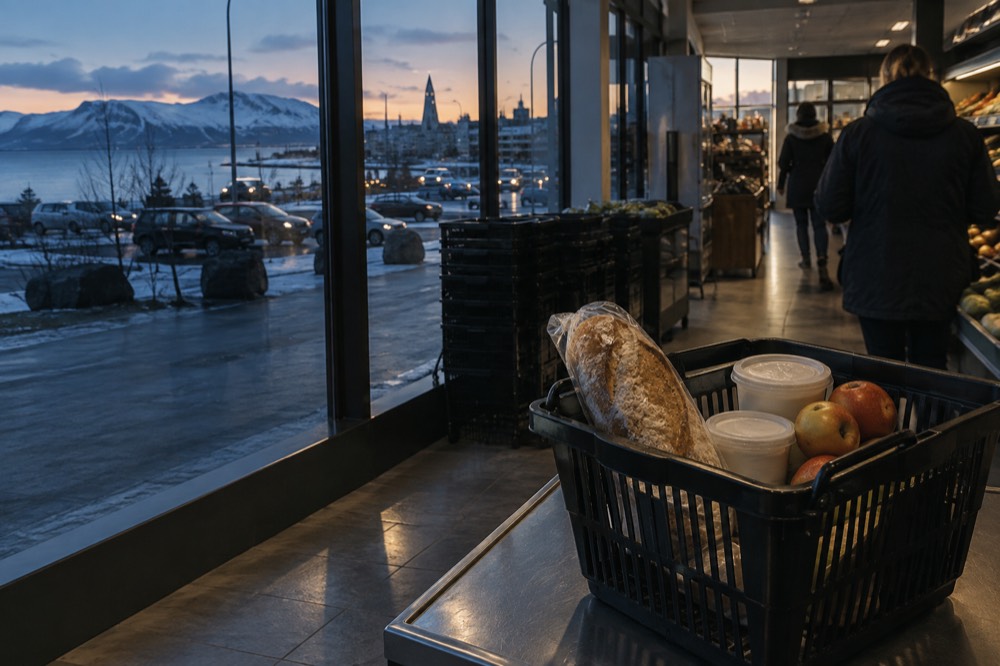 A shopping basket with bread, skyr tubs and fruit on a supermarket counter