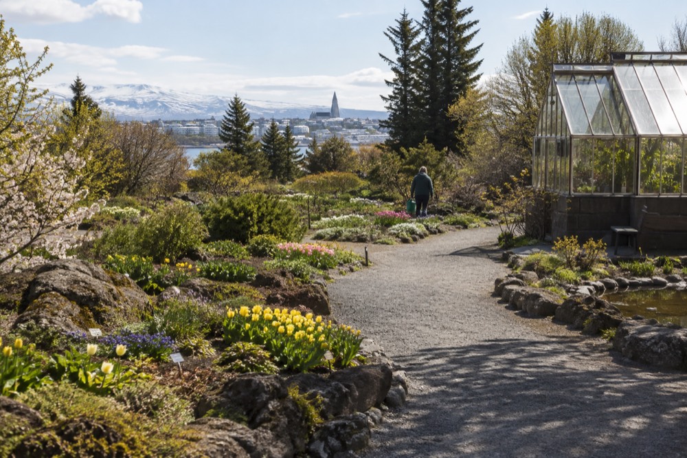 Flower beds and a small greenhouse in a botanic garden on a bright day