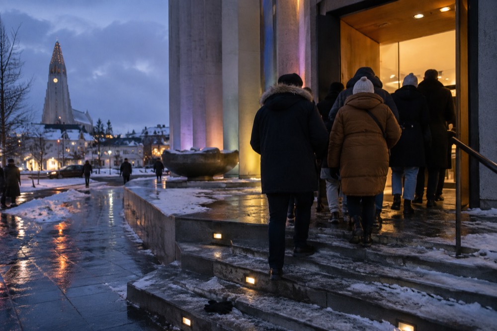 Crowds entering a lit museum entrance on a dark winter evening