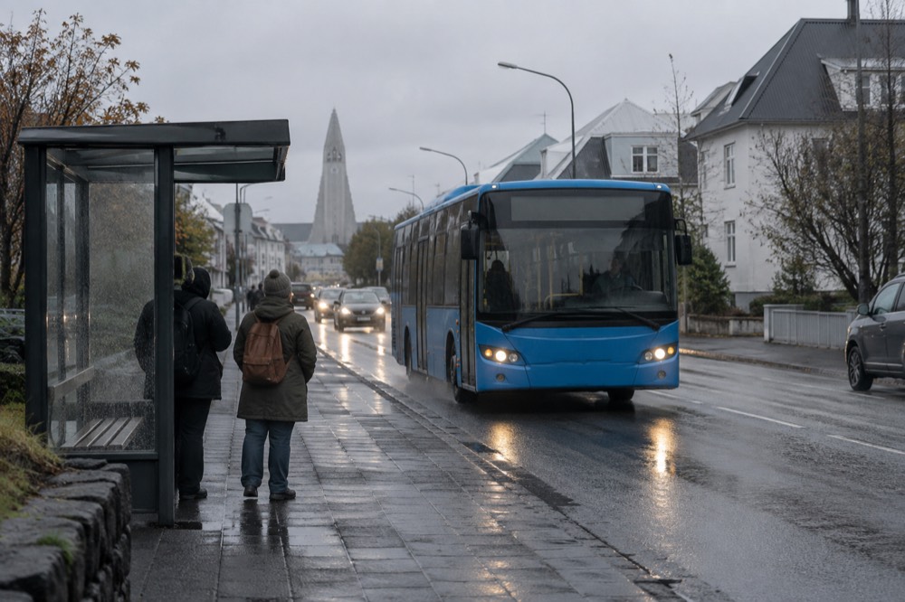 Blue Strætó city bus at a Reykjavik stop with passengers waiting