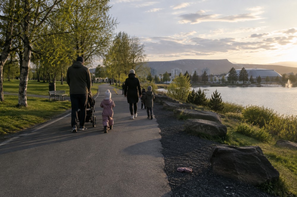 Families walking a paved path through a Reykjavik park on a mild day