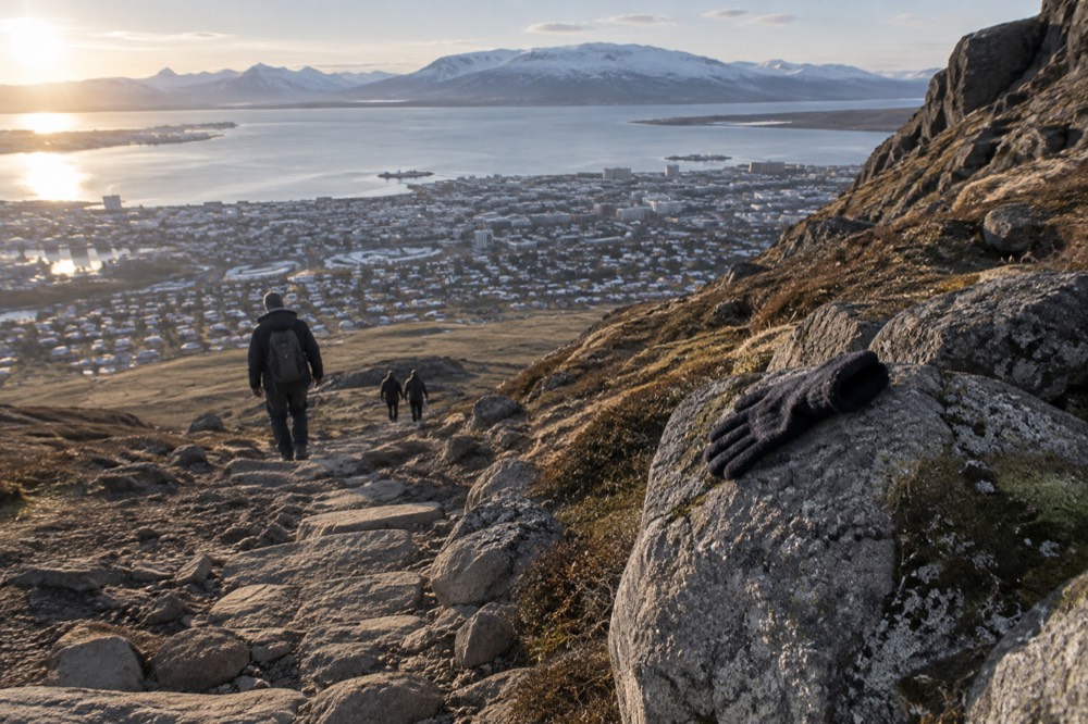 A rocky mountain trail rising above a coastal town on a bright day