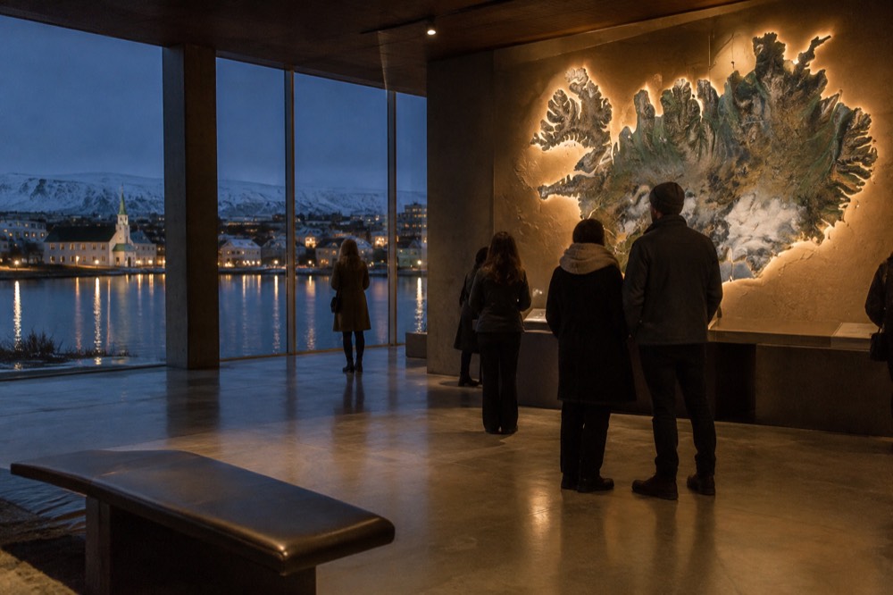 A museum hall lit for an evening event with visitors looking at exhibits