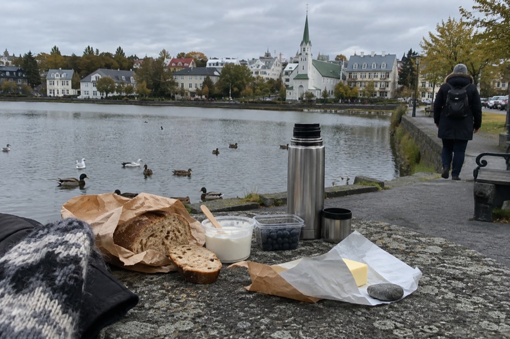 Picnic food laid out on a bench beside a Reykjavik pond