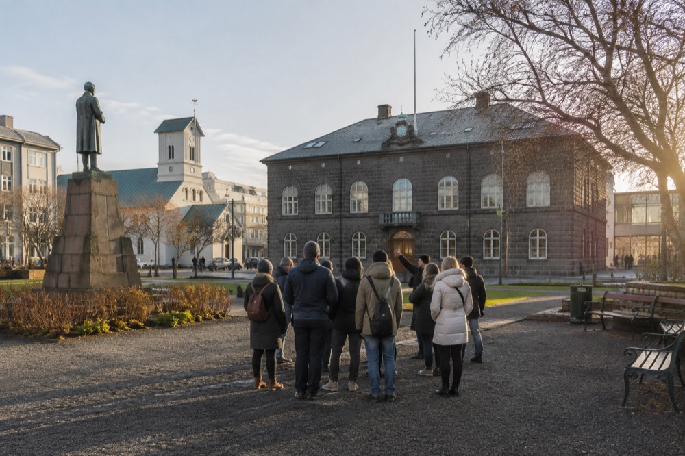 A guide speaking to a small group in a Reykjavik city square